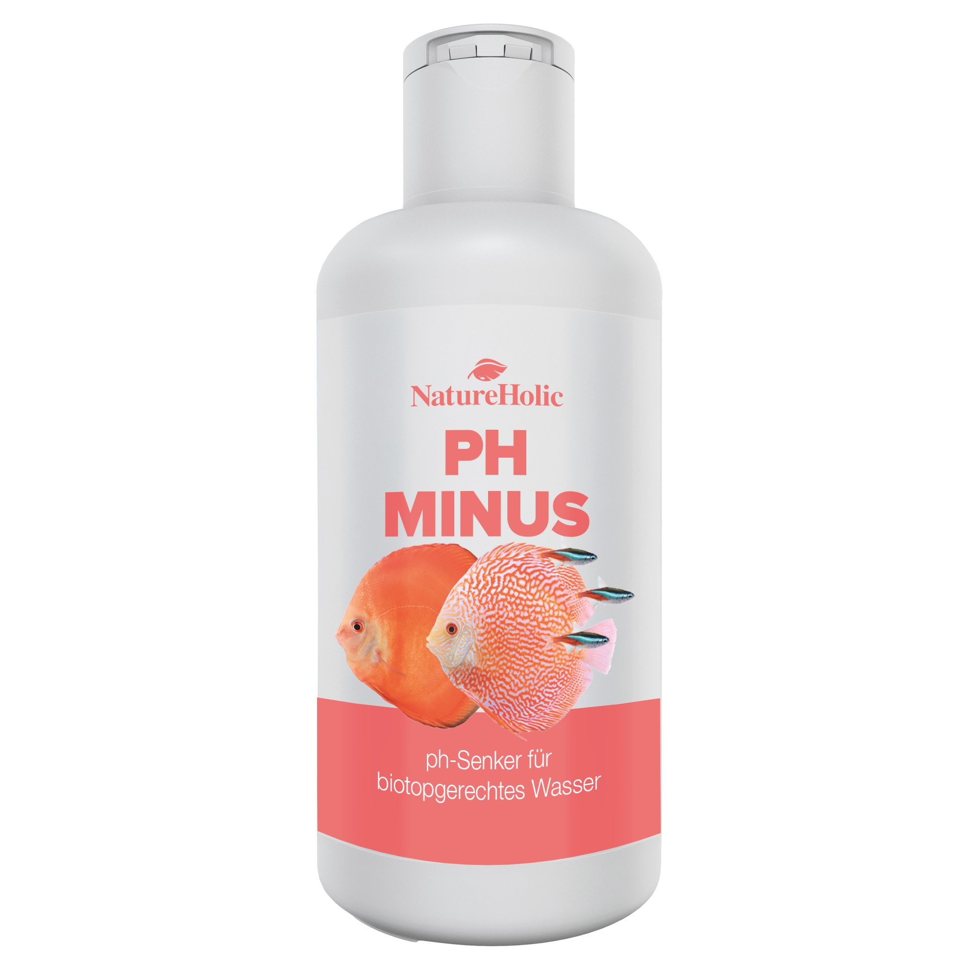 Weiße Flasche NatureHolic pH-Minus mit Fischen